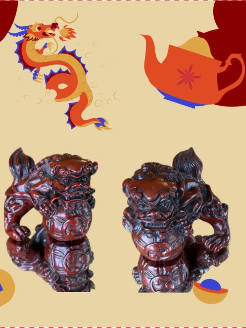 2 Red resin lacquer-style Chinese Foo Dog guardian lion sculpture with red vase.